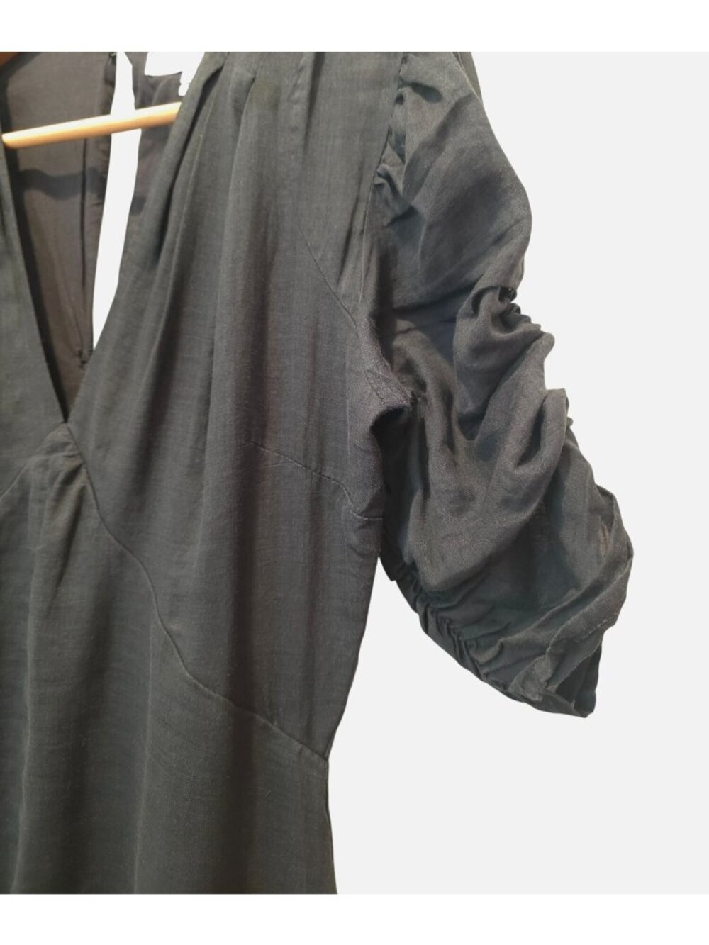FRAME Shirred Sleeve 100% Ramie Black V-Neck 1/4 Sleeve Maxi Dress Sz XS - Picture 4 of 10